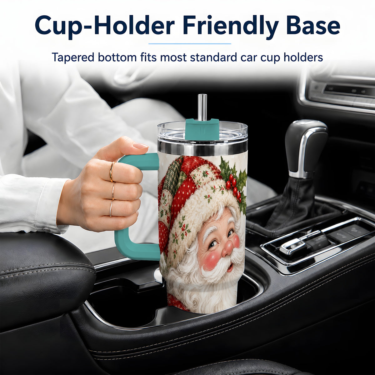 #pl[40oz|Green] Patchwork Santa Portrait Drinkware, 40oz Tumbler with Holly Artwork