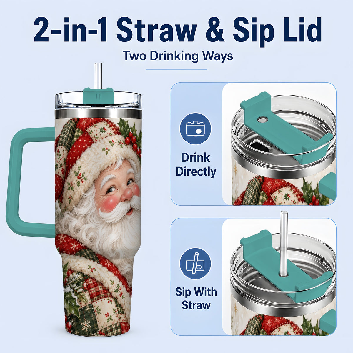 #pl[40oz|Green] Patchwork Santa Portrait Drinkware, 40oz Tumbler with Holly Artwork