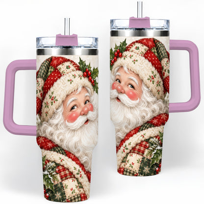 #pl[40oz|Pink] Patchwork Santa Portrait Drinkware, 40oz Tumbler with Holly Artwork