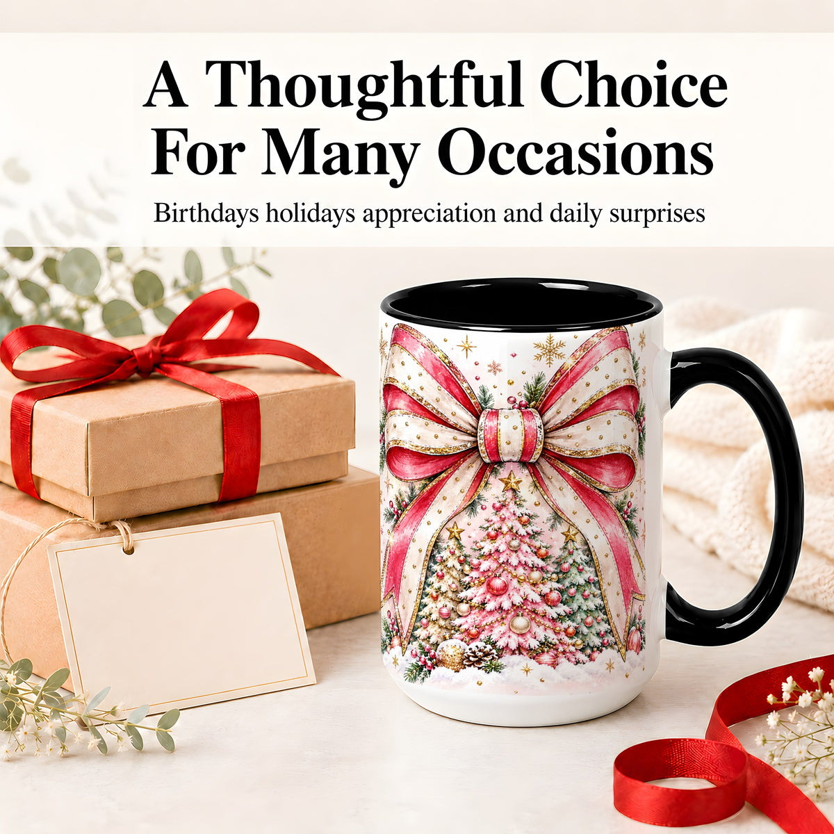 #pl[15oz|Black] Pink Christmas Bow Ceramic Mug, Decorated Tree Snowflake Artwork