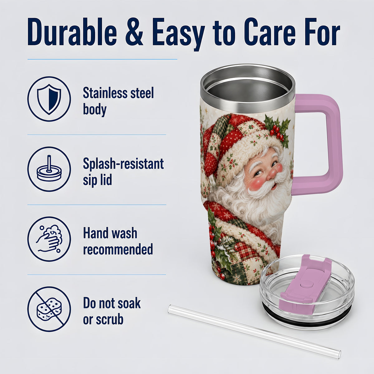 #pl[40oz|Pink] Patchwork Santa Portrait Drinkware, 40oz Tumbler with Holly Artwork
