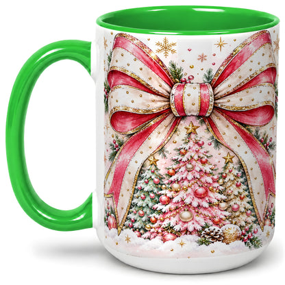 #pl[15oz|Green] Pink Christmas Bow Ceramic Mug, Decorated Tree Snowflake Artwork