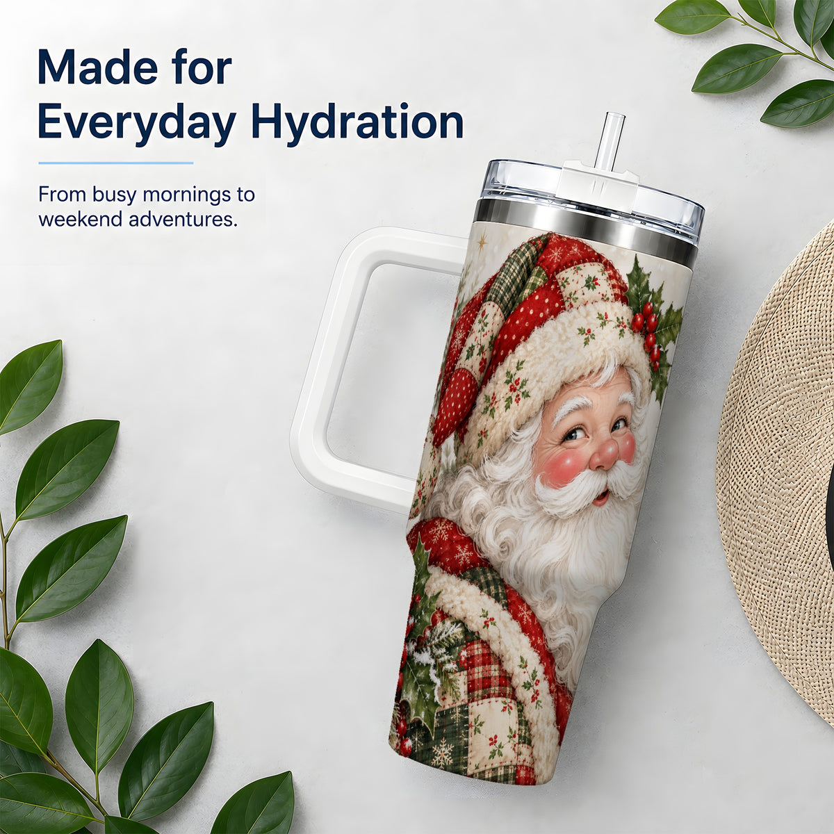 #pl[40oz|White] Patchwork Santa Portrait Drinkware, 40oz Tumbler with Holly Artwork