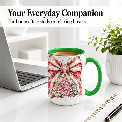 #pl[15oz|Green] Pink Christmas Bow Ceramic Mug, Decorated Tree Snowflake Artwork