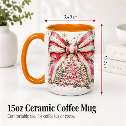 #pl[15oz|Orange] Pink Christmas Bow Ceramic Mug, Decorated Tree Snowflake Artwork