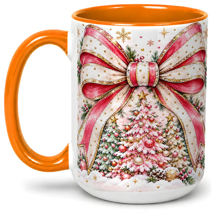 #pl[15oz|Orange] Pink Christmas Bow Ceramic Mug, Decorated Tree Snowflake Artwork