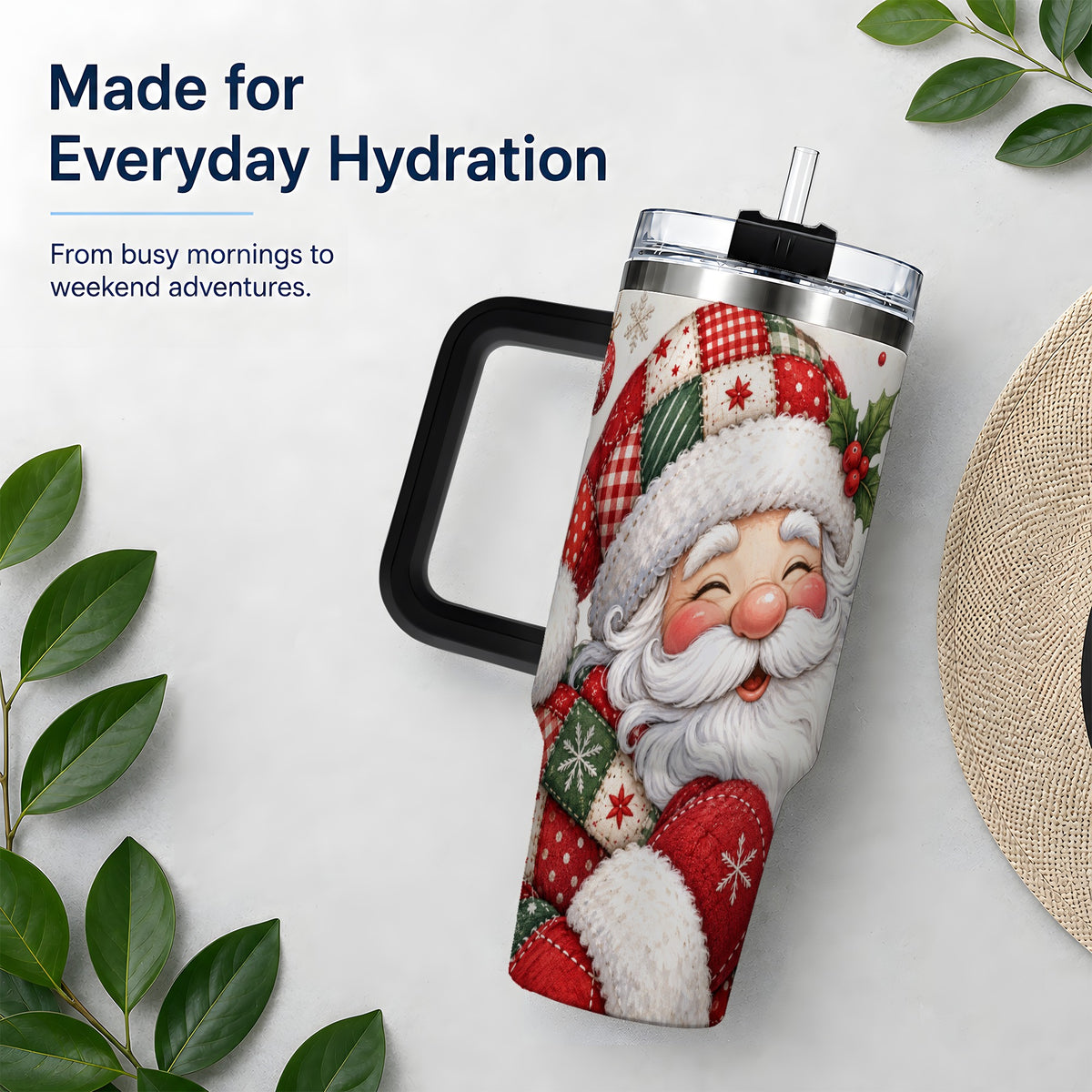 #pl[40oz|Black] Patchwork Santa Christmas Drinkware, 40oz Tumbler with Snowflake Art