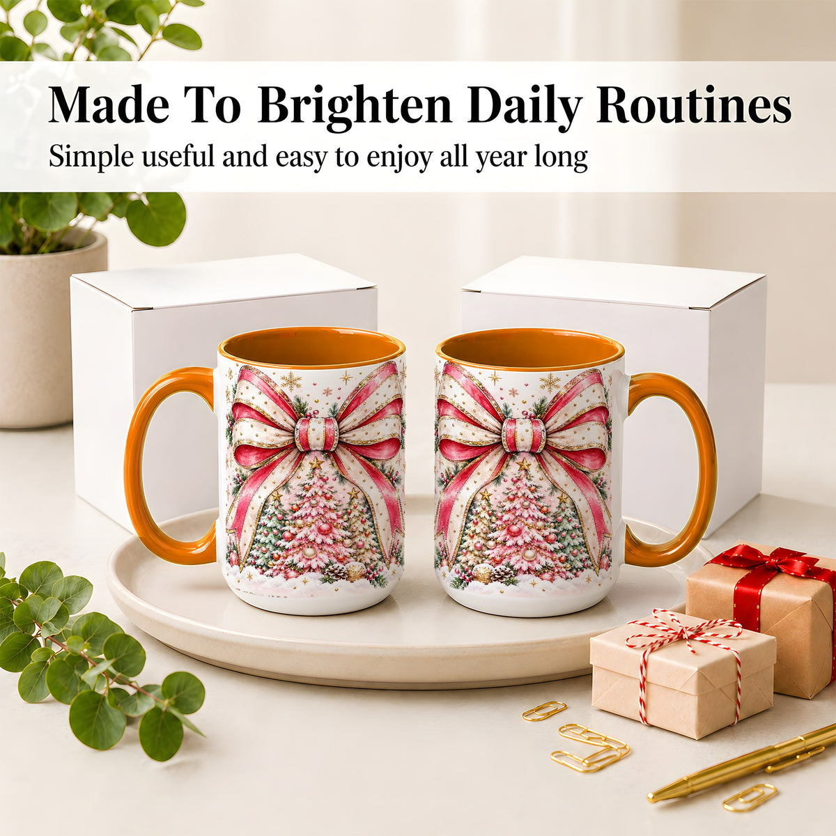 #pl[15oz|Orange] Pink Christmas Bow Ceramic Mug, Decorated Tree Snowflake Artwork