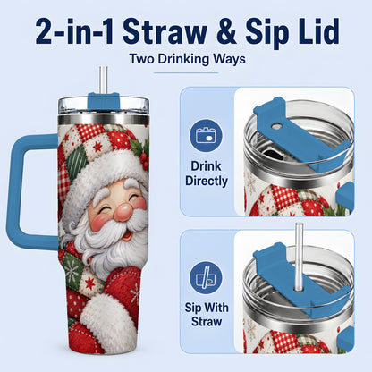 #pl[40oz|Blue] Patchwork Santa Christmas Drinkware, 40oz Tumbler with Snowflake Art