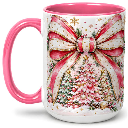 #pl[15oz|Pink] Pink Christmas Bow Ceramic Mug, Decorated Tree Snowflake Artwork