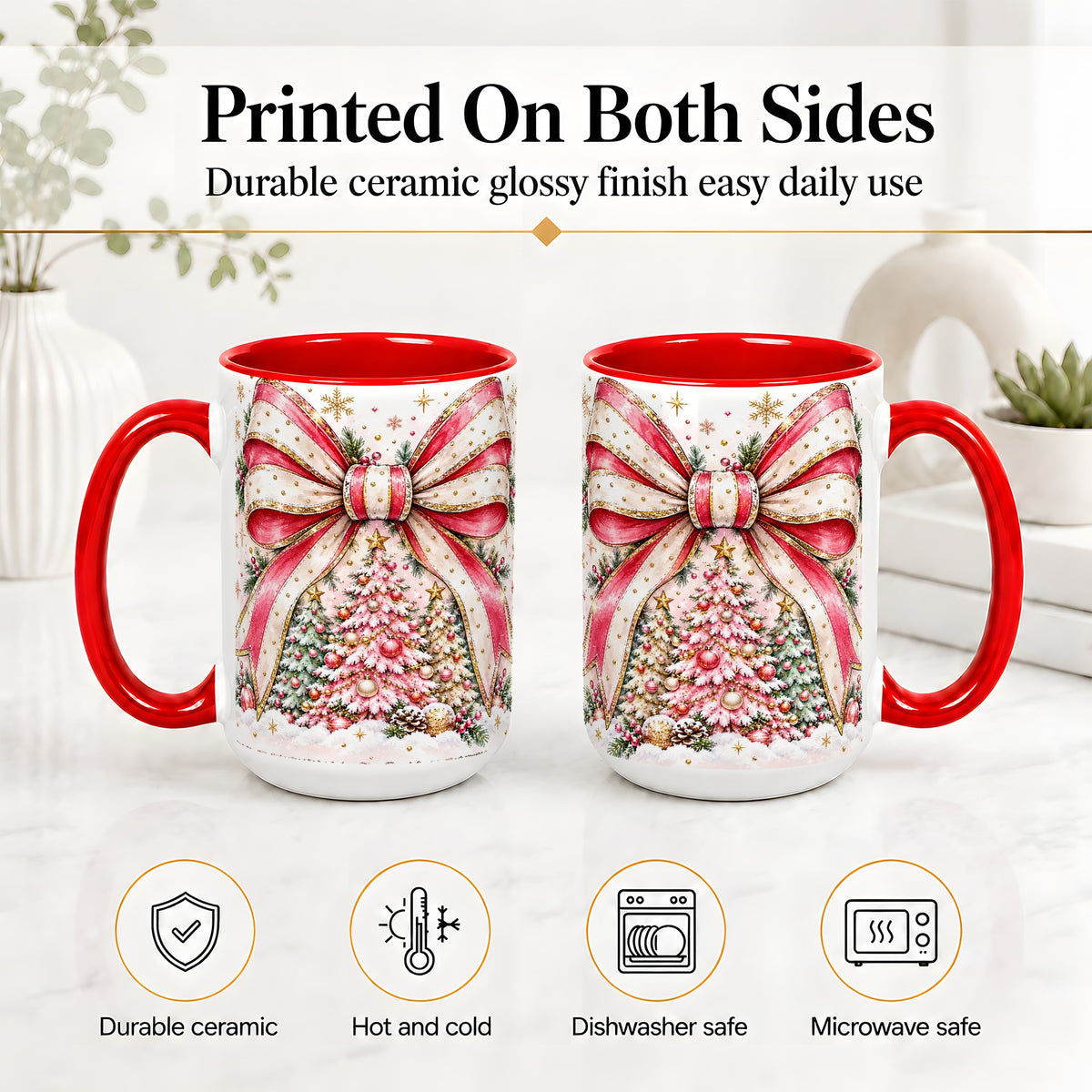#pl[15oz|Red] Pink Christmas Bow Ceramic Mug, Decorated Tree Snowflake Artwork