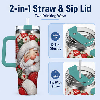 #pl[40oz|Green] Patchwork Santa Christmas Drinkware, 40oz Tumbler with Snowflake Art
