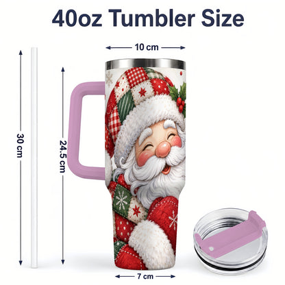 #pl[40oz|Pink] Patchwork Santa Christmas Drinkware, 40oz Tumbler with Snowflake Art