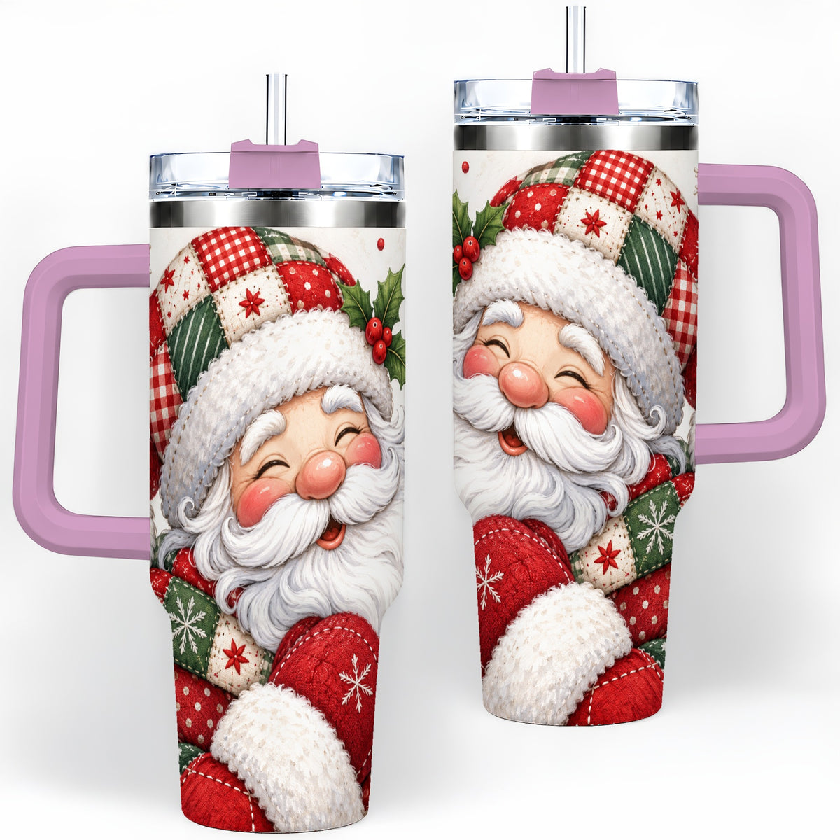 #pl[40oz|Pink] Patchwork Santa Christmas Drinkware, 40oz Tumbler with Snowflake Art