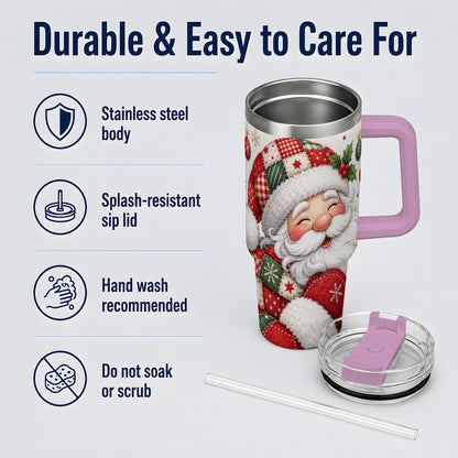 #pl[40oz|Pink] Patchwork Santa Christmas Drinkware, 40oz Tumbler with Snowflake Art