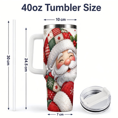 #pl[40oz|White] Patchwork Santa Christmas Drinkware, 40oz Tumbler with Snowflake Art