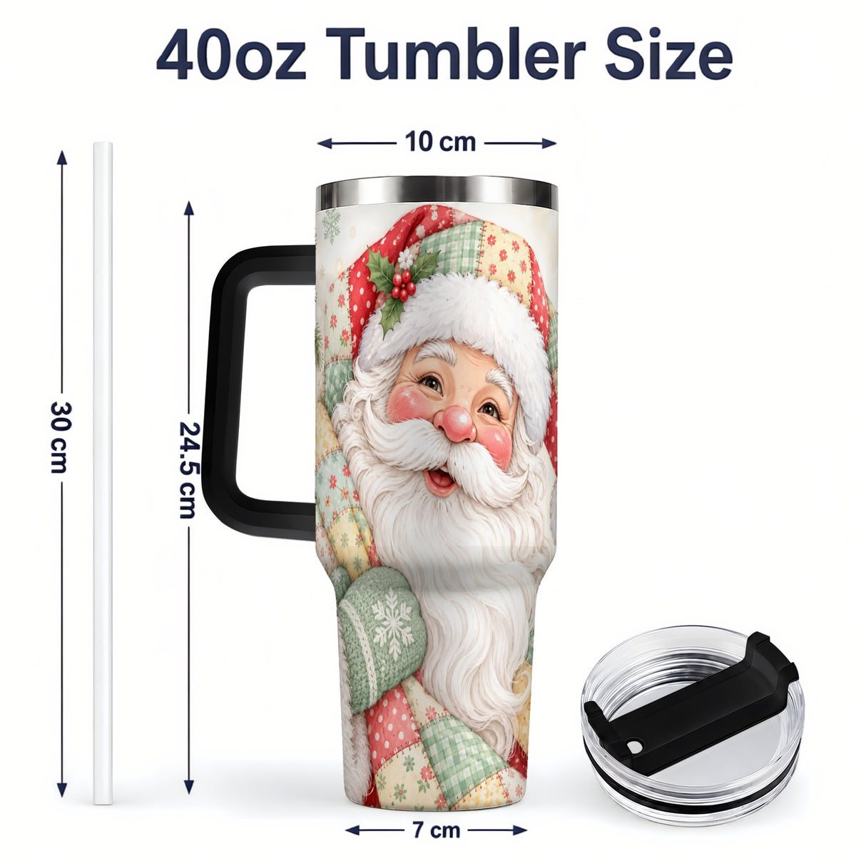 #pl[40oz|Black] Pastel Patchwork Santa Christmas Drinkware, 40oz Tumbler with Floral Art