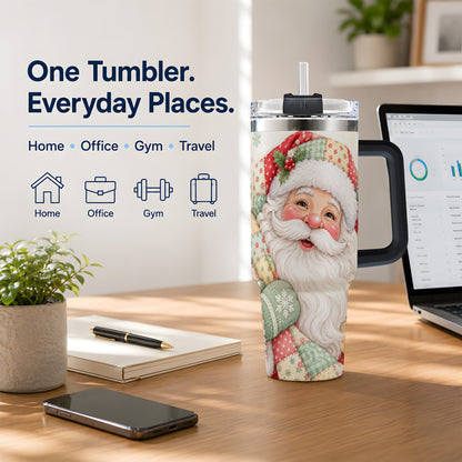 #pl[40oz|Black] Pastel Patchwork Santa Christmas Drinkware, 40oz Tumbler with Floral Art