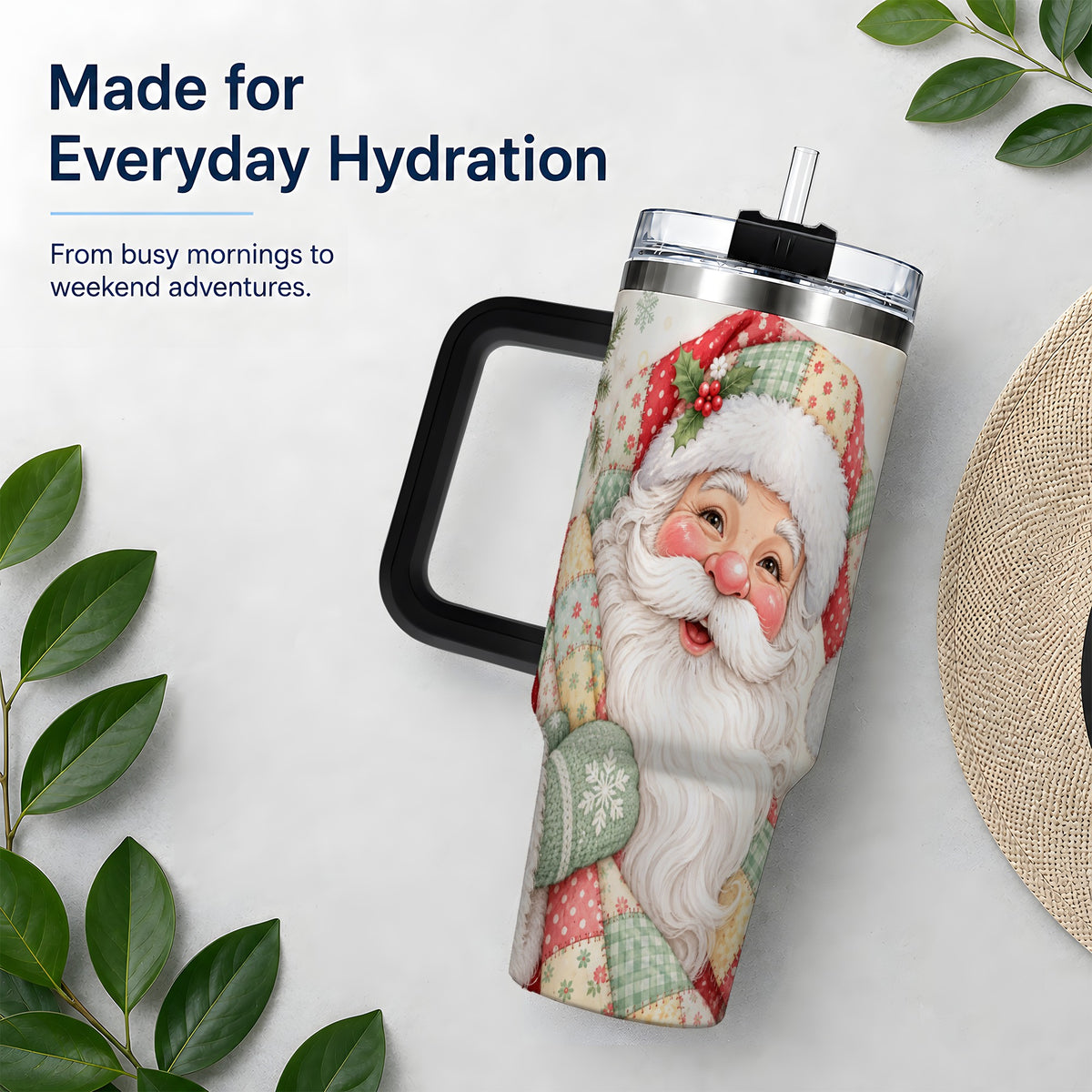 #pl[40oz|Black] Pastel Patchwork Santa Christmas Drinkware, 40oz Tumbler with Floral Art