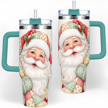 #pl[40oz|Green] Pastel Patchwork Santa Christmas Drinkware, 40oz Tumbler with Floral Art