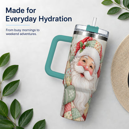 #pl[40oz|Green] Pastel Patchwork Santa Christmas Drinkware, 40oz Tumbler with Floral Art
