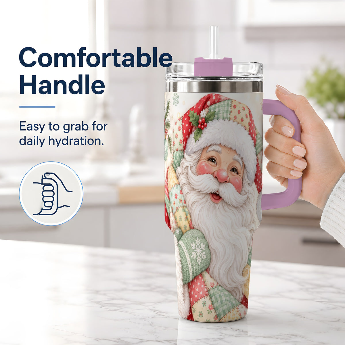 #pl[40oz|Pink] Pastel Patchwork Santa Christmas Drinkware, 40oz Tumbler with Floral Art