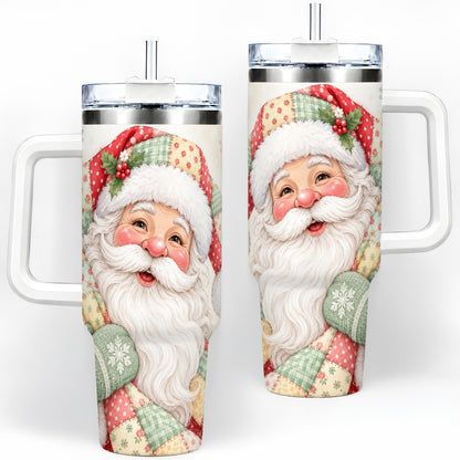 Pastel Patchwork Santa Christmas Drinkware, 40oz Tumbler with Floral Art