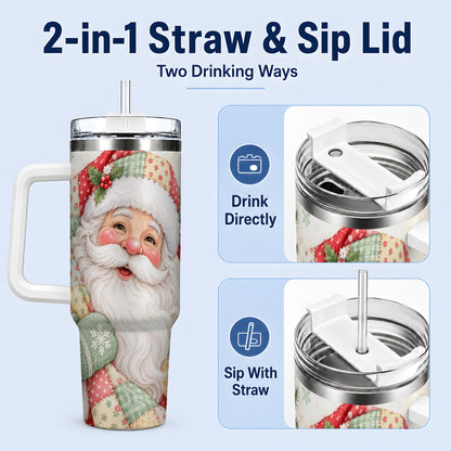 #pl[40oz|White] Pastel Patchwork Santa Christmas Drinkware, 40oz Tumbler with Floral Art