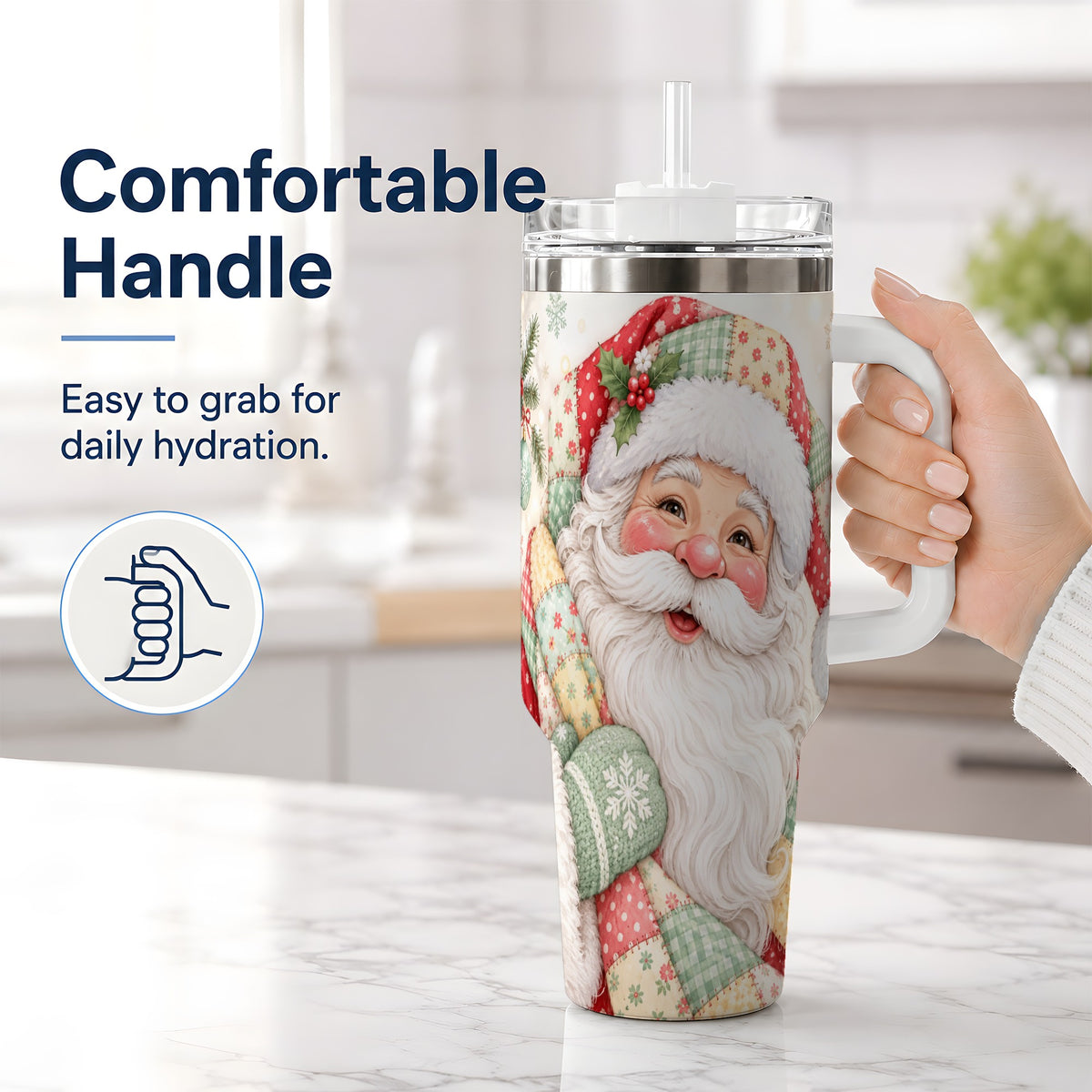 #pl[40oz|White] Pastel Patchwork Santa Christmas Drinkware, 40oz Tumbler with Floral Art