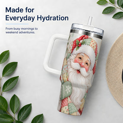 #pl[40oz|White] Pastel Patchwork Santa Christmas Drinkware, 40oz Tumbler with Floral Art