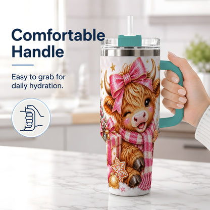 #pl[40oz|Green] Pink Highland Cow Christmas Drinkware, 40oz Tumbler with Bow Artwork