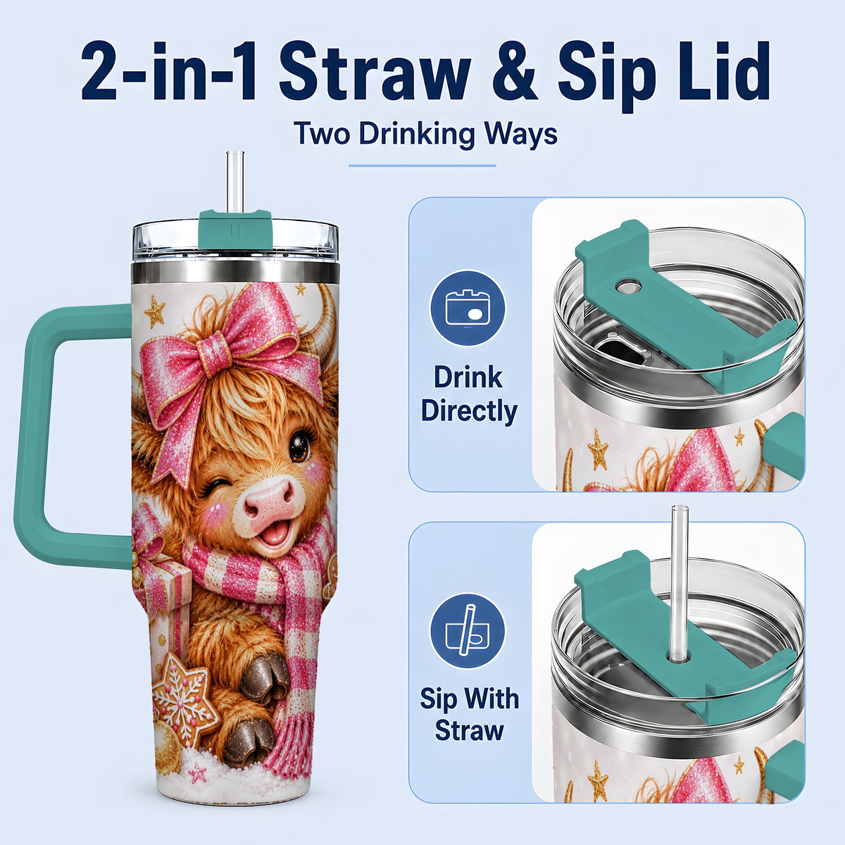 #pl[40oz|Green] Pink Highland Cow Christmas Drinkware, 40oz Tumbler with Bow Artwork