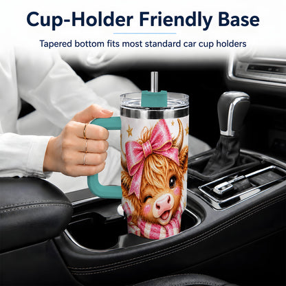 #pl[40oz|Green] Pink Highland Cow Christmas Drinkware, 40oz Tumbler with Bow Artwork