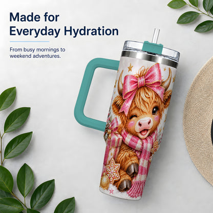 #pl[40oz|Green] Pink Highland Cow Christmas Drinkware, 40oz Tumbler with Bow Artwork