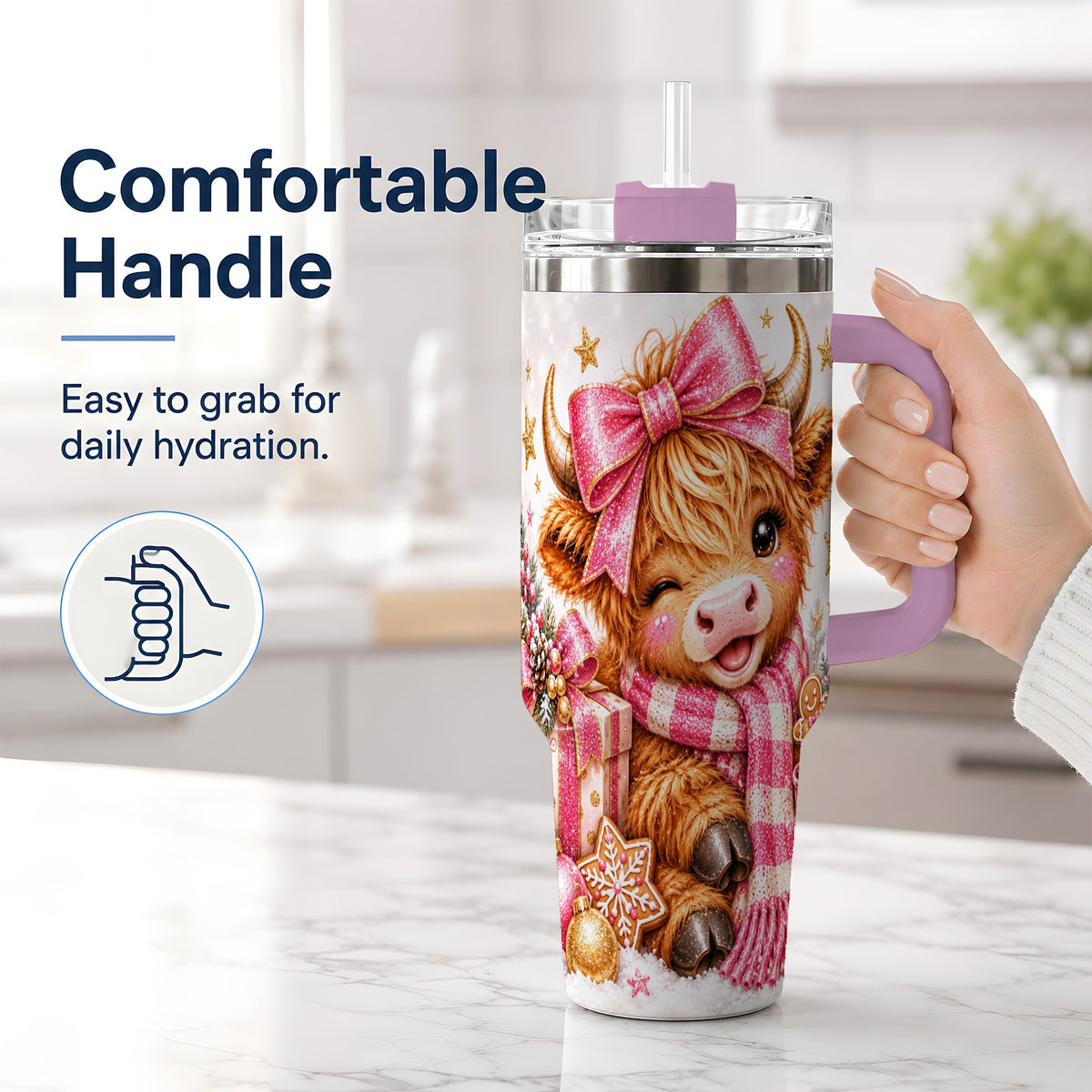 #pl[40oz|Pink] Pink Highland Cow Christmas Drinkware, 40oz Tumbler with Bow Artwork