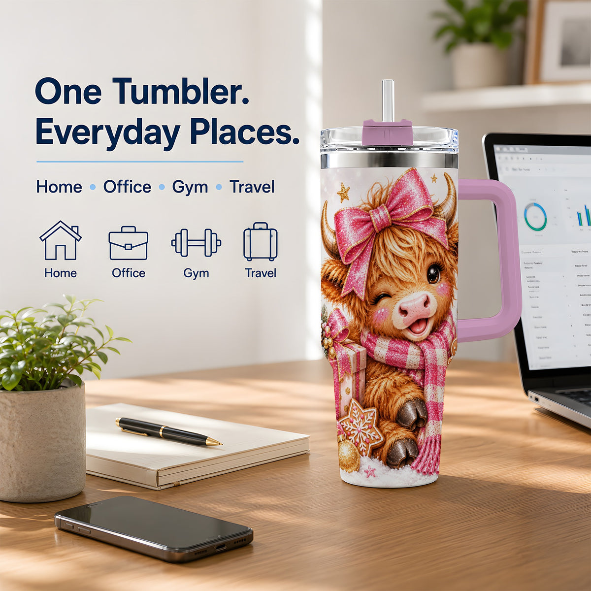 #pl[40oz|Pink] Pink Highland Cow Christmas Drinkware, 40oz Tumbler with Bow Artwork