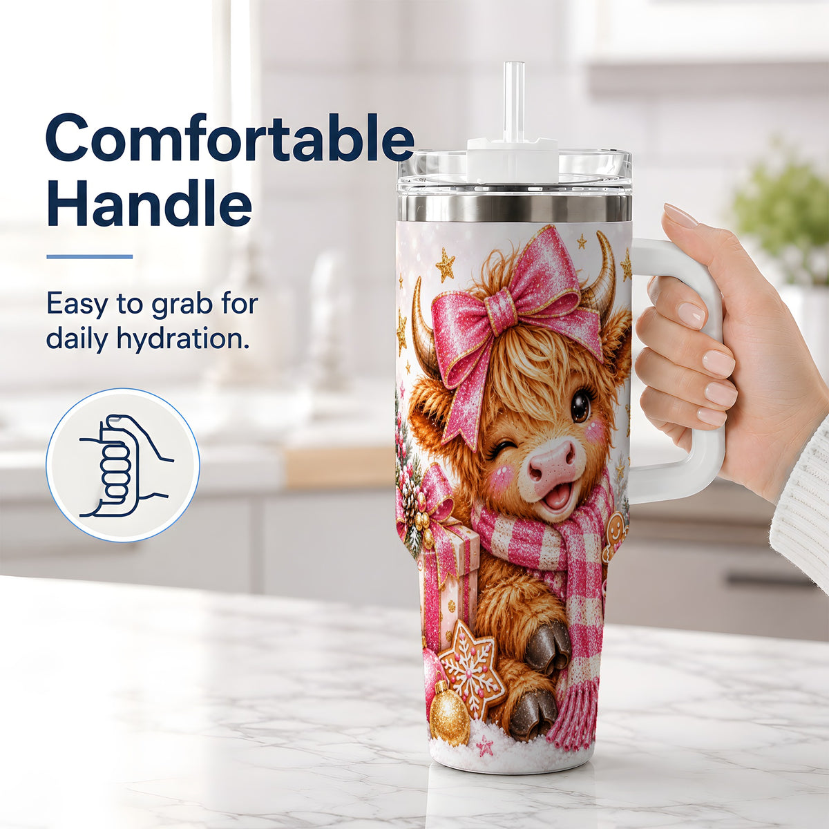 #pl[40oz|White] Pink Highland Cow Christmas Drinkware, 40oz Tumbler with Bow Artwork