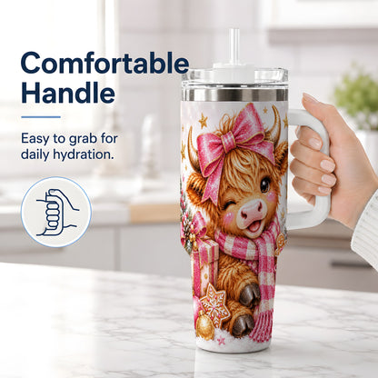 #pl[40oz|White] Pink Highland Cow Christmas Drinkware, 40oz Tumbler with Bow Artwork