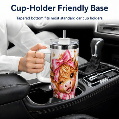 #pl[40oz|White] Pink Highland Cow Christmas Drinkware, 40oz Tumbler with Bow Artwork