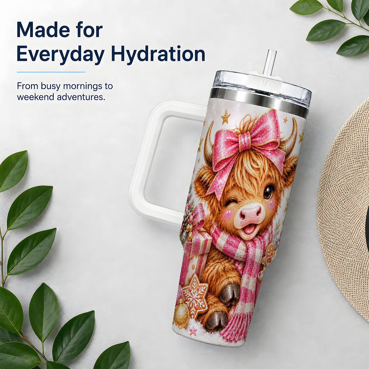 #pl[40oz|White] Pink Highland Cow Christmas Drinkware, 40oz Tumbler with Bow Artwork
