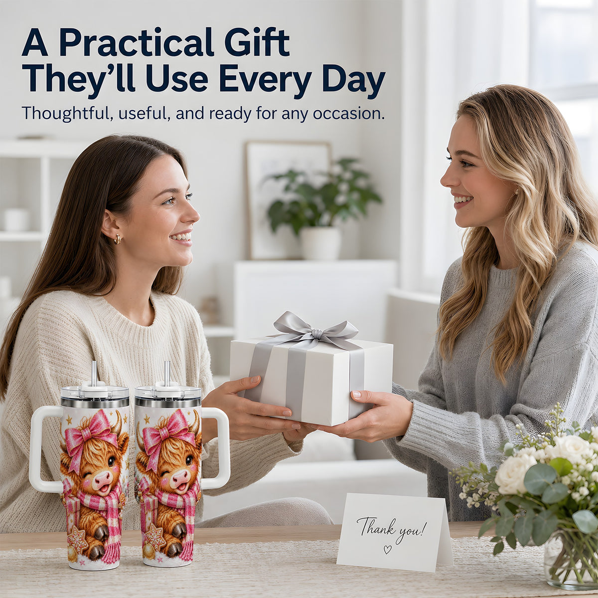 #pl[40oz|White] Pink Highland Cow Christmas Drinkware, 40oz Tumbler with Bow Artwork