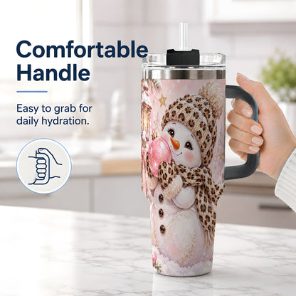 #pl[40oz|Black] Leopard Snowman Christmas Drinkware, 40oz Tumbler with Pink Ornament Art