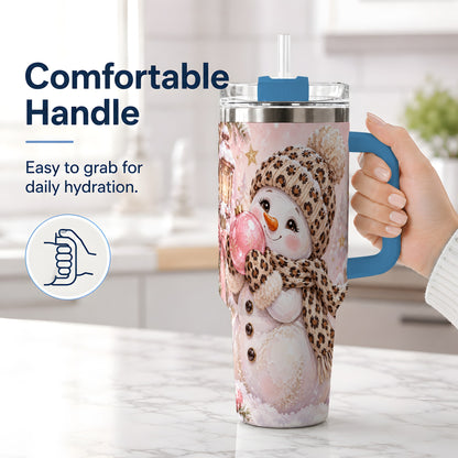 #pl[40oz|Blue] Leopard Snowman Christmas Drinkware, 40oz Tumbler with Pink Ornament Art