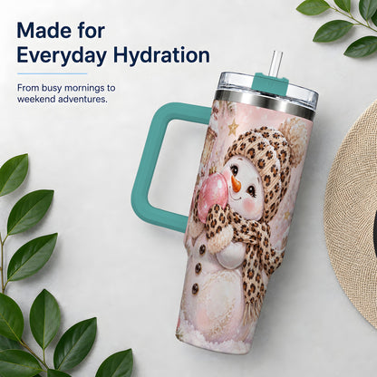 #pl[40oz|Green] Leopard Snowman Christmas Drinkware, 40oz Tumbler with Pink Ornament Art