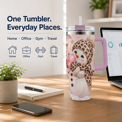 #pl[40oz|Pink] Leopard Snowman Christmas Drinkware, 40oz Tumbler with Pink Ornament Art