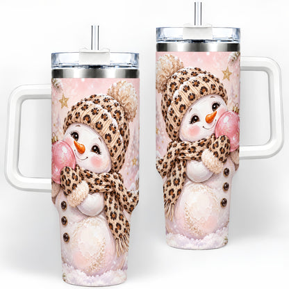 Leopard Snowman Christmas Drinkware, 40oz Tumbler with Pink Ornament Art
