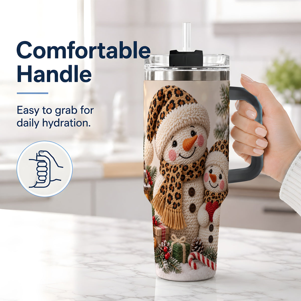 #pl[40oz|Black] Crochet Style Snowman Christmas Drinkware, 40oz Tumbler with Leopard Art