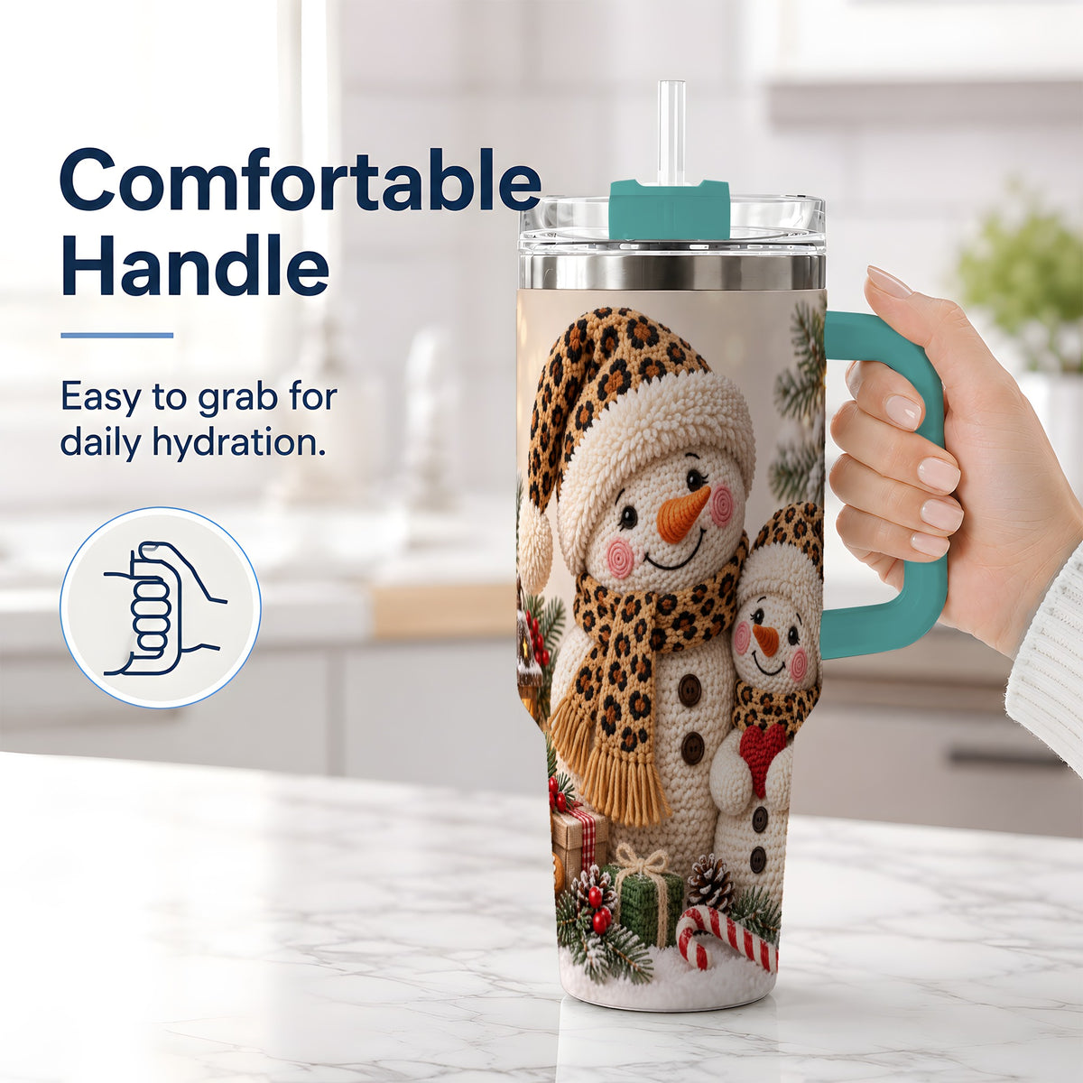 #pl[40oz|Green] Crochet Style Snowman Christmas Drinkware, 40oz Tumbler with Leopard Art