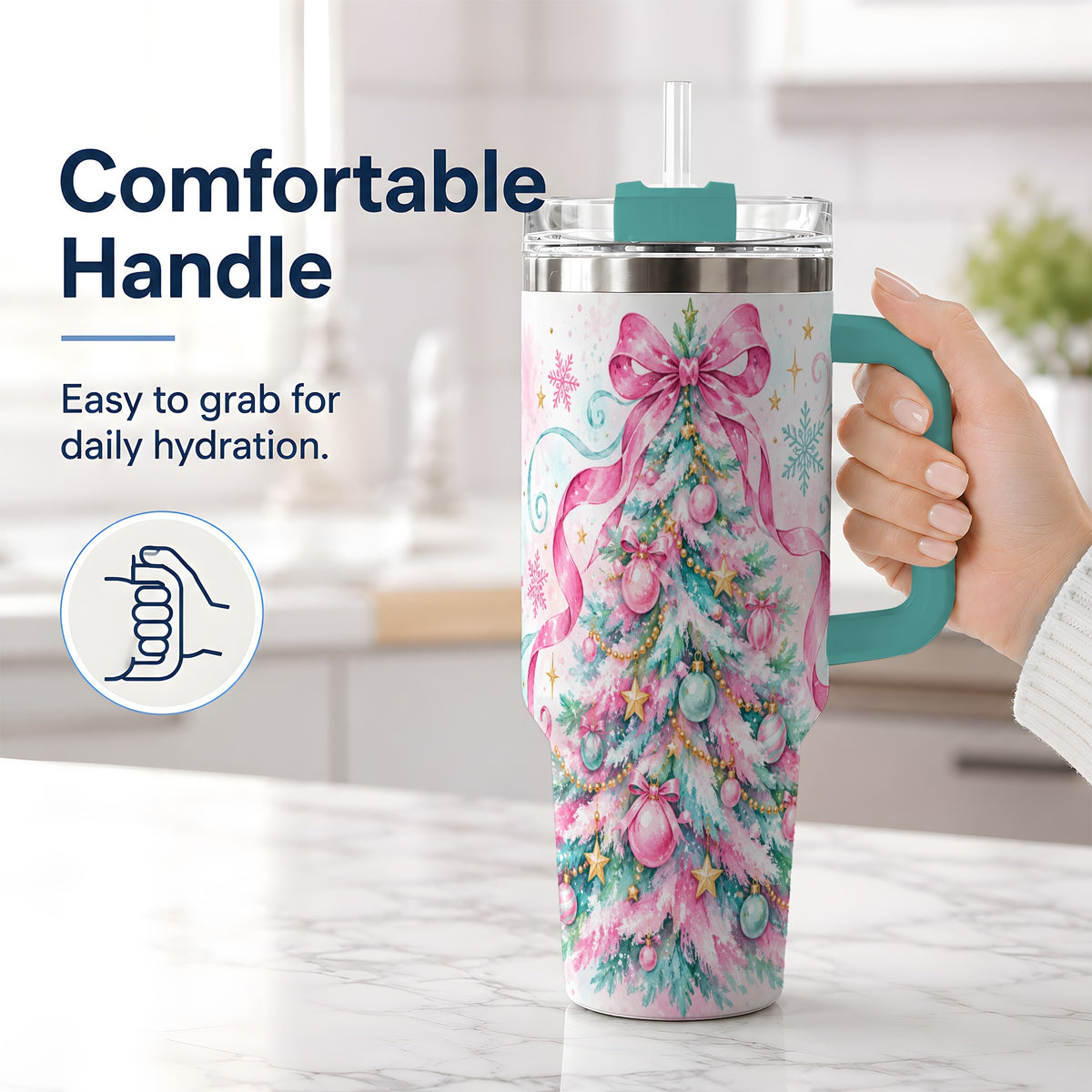 #pl[40oz|Green] Pastel Christmas Tree 40oz Tumbler, Pink Bow Large Holiday Drinkware