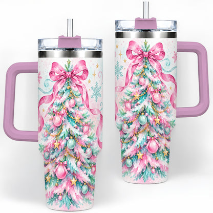 #pl[40oz|Pink] Pastel Christmas Tree 40oz Tumbler, Pink Bow Large Holiday Drinkware